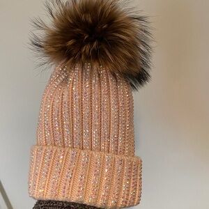 Sequined Pink Hat with fur top